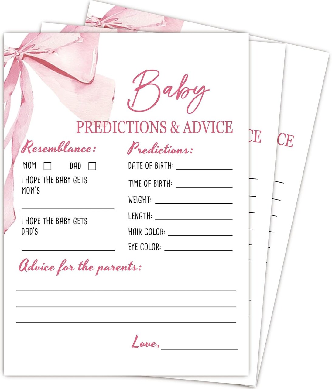 Pink Baby Shower Games for Girl, Predictions and Advice Cards, 25 Gender Neutral Cards, Pink Bow Gender Reveal Games Party Supply Kit, Baby Shower Decorations